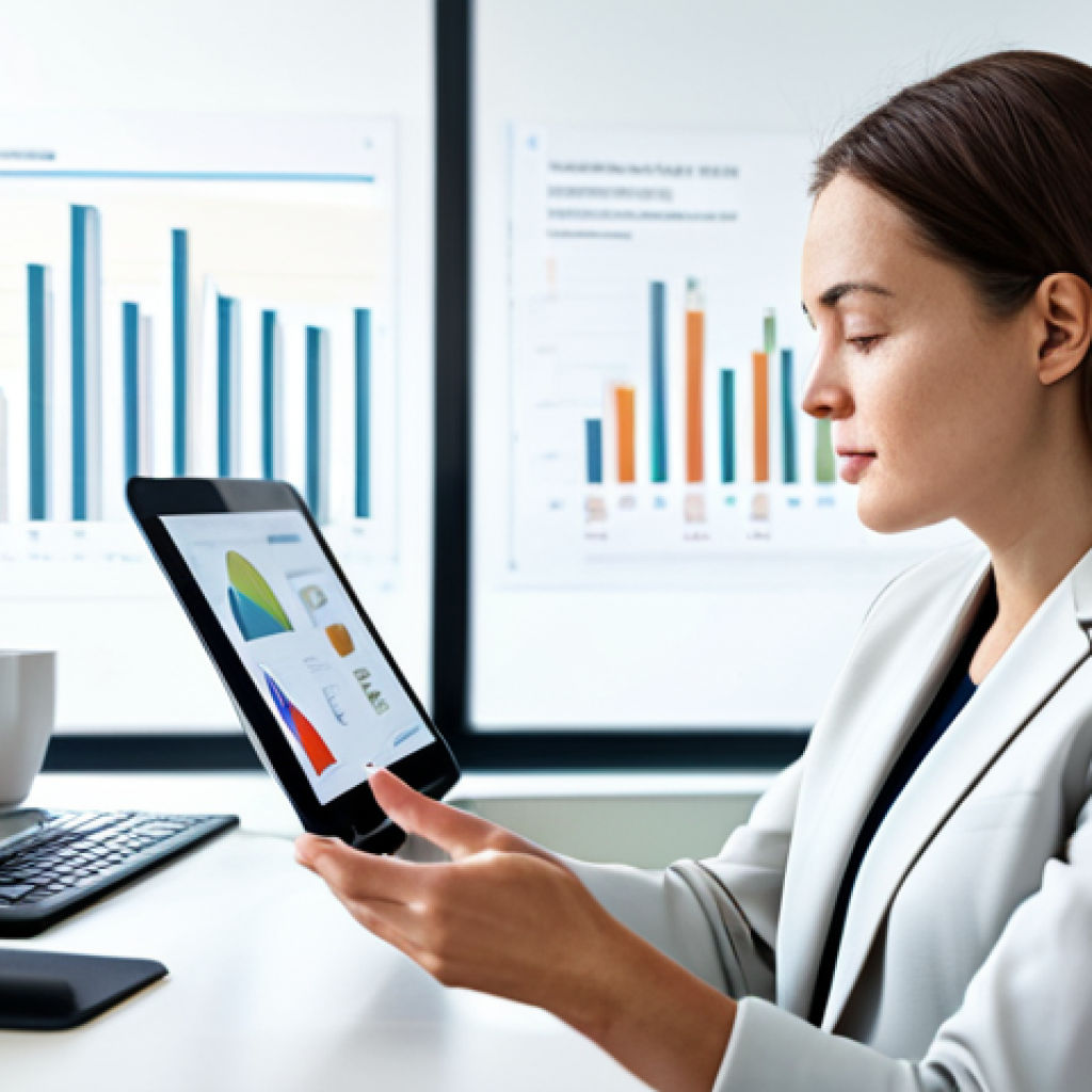 A female mental health professional, fully clothed in a modest business suit, sitting at a modern desk in a well-lit, clean office. She is looking at a tablet displaying abstract data visualizations related to mental wellness trends. The environment is professional and calm. The image should feature perfect anatomy, correct proportions, well-formed hands, proper finger count, and a natural pose. This is a safe for work, appropriate content, fully clothed, and professional image. High-quality professional photography, detailed, realistic.