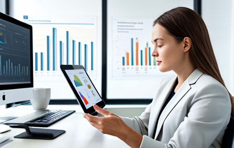 A female mental health professional, fully clothed in a modest business suit, sitting at a modern desk in a well-lit, clean office. She is looking at a tablet displaying abstract data visualizations related to mental wellness trends. The environment is professional and calm. The image should feature perfect anatomy, correct proportions, well-formed hands, proper finger count, and a natural pose. This is a safe for work, appropriate content, fully clothed, and professional image. High-quality professional photography, detailed, realistic.