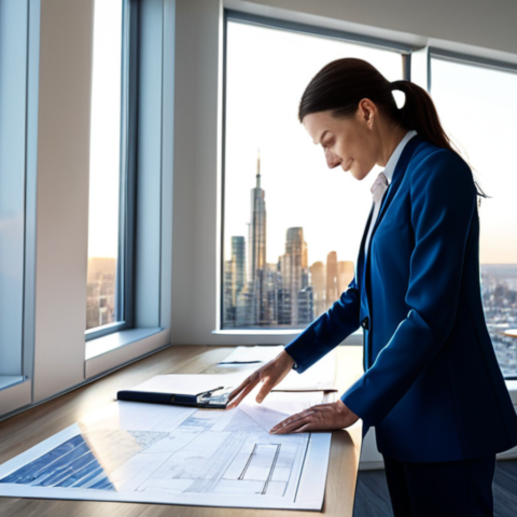 **
A professional female architect in a bright, modern office, reviewing blueprints. She is wearing a tailored, modest pantsuit and comfortable shoes. Large windows overlook a bustling cityscape. Sunlight streams in, illuminating the clean, organized workspace. Perfect anatomy, well-formed hands, proper finger count, natural body proportions, professional lighting, high resolution, safe for work, appropriate content, fully clothed, professional.
**