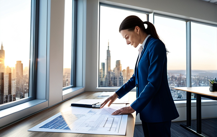 **
A professional female architect in a bright, modern office, reviewing blueprints. She is wearing a tailored, modest pantsuit and comfortable shoes. Large windows overlook a bustling cityscape. Sunlight streams in, illuminating the clean, organized workspace. Perfect anatomy, well-formed hands, proper finger count, natural body proportions, professional lighting, high resolution, safe for work, appropriate content, fully clothed, professional.
**