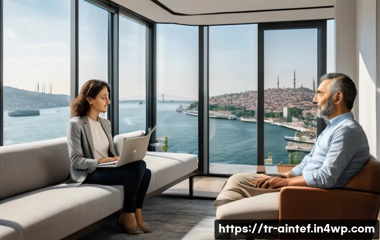 AI와 심리 치료의 상호 보완적 관계 - A modern therapy room in Istanbul featuring a middle-aged Turkish female therapist attentively liste...