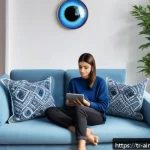 Home 19 AI 테라피의 윤리적 가이드라인 - A modern digital therapy session scene set in a cozy, well-lit Turkish living room featuring a young...