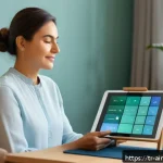 Home 23 AI 테라피의 접근성 향상 전략 - A modern digital therapy platform interface displayed on a sleek tablet held by a middle-aged Turkis...