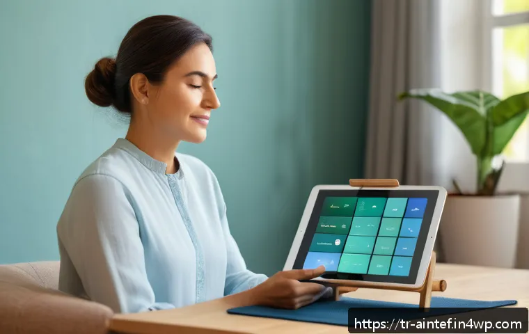 AI 테라피의 접근성 향상 전략 - A modern digital therapy platform interface displayed on a sleek tablet held by a middle-aged Turkis...